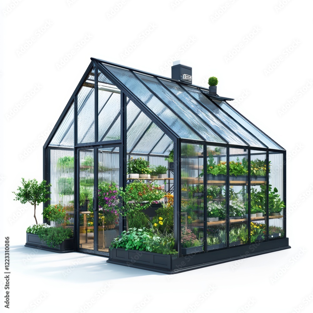 Fototapeta premium 3D icon small backyard greenhouse with watering system isolated on a white background 