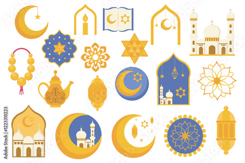 Ramadan Kareem set in flat graphic design. Collection elements of crescent moon, star, candle, koran book, mosque, flowers, teapot, windows, lanterns, other islam holiday signs. Vector illustration.