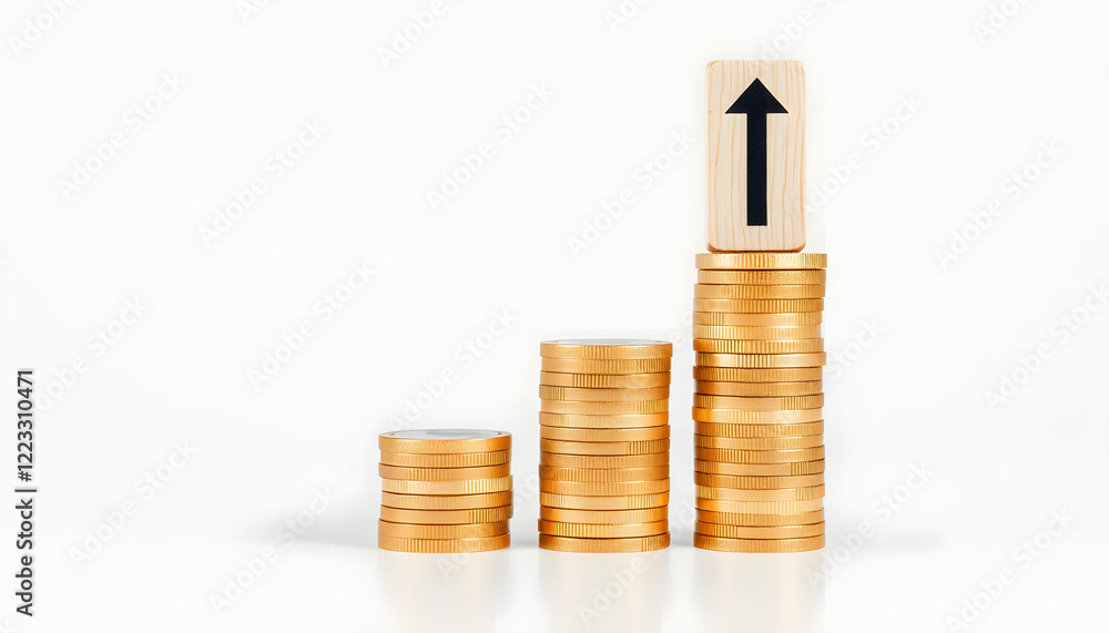 Financial success concept featuring stacks of coins with upward arrows representing growth, profit, and investment ideal for business, economy, and money-themed projects. Financial success concept featuring stacks of coins with upward arrows representing growth, profit, and investment ideal for business, economy, and money-themed projects.