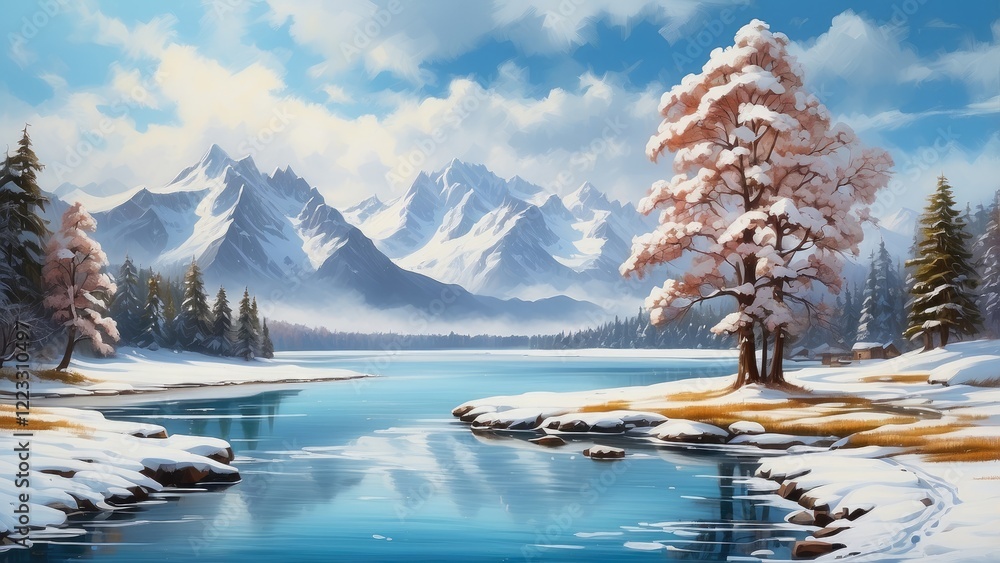 A serene winter landscape painting featuring snow-covered mountains in the background, A serene winter landscape painting featuring snow-covered mountains in the background,
