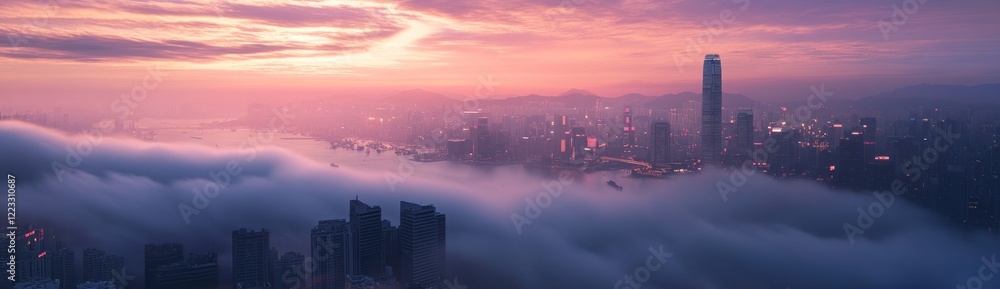 Fototapeta premium Hong Kong Skyline Enveloped in Misty Sunrise