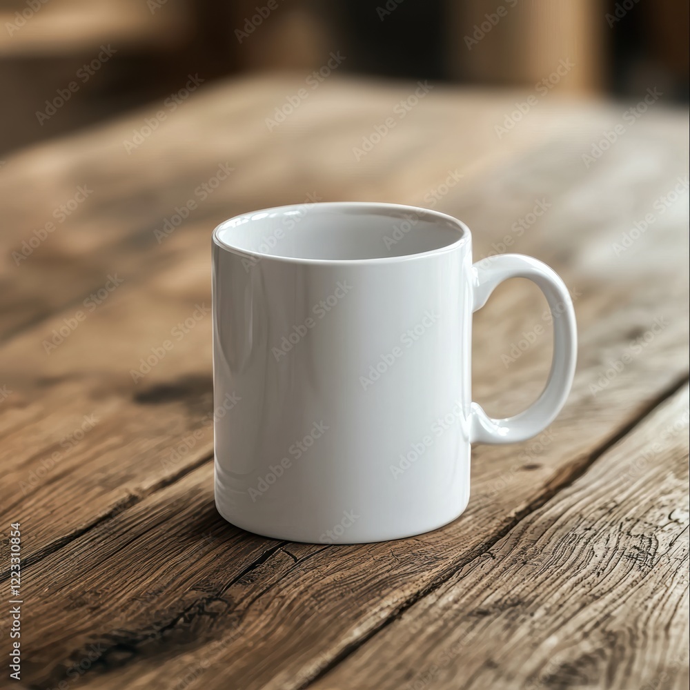 Mockup of a white mug on a wooden table, isolated with soft shadows, great for logo placement Mockup of a white mug on a wooden table, isolated with soft shadows, great for logo placement