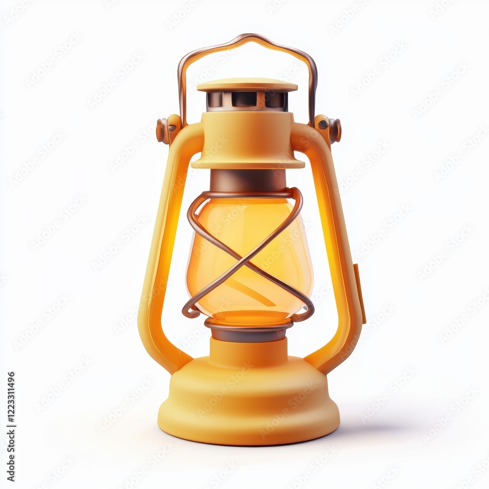 3D icon cartoon classic metal camping lantern glowing, isolated on a white background 