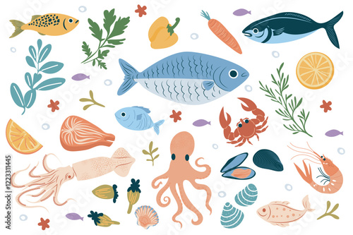 Seafood set in flat graphic design. Collection elements of tuna, sardine, anchovy, herring and other fishes, shrimp, oyster, shell, octopus, crab, crab, lobster, sea food market. Vector illustration.