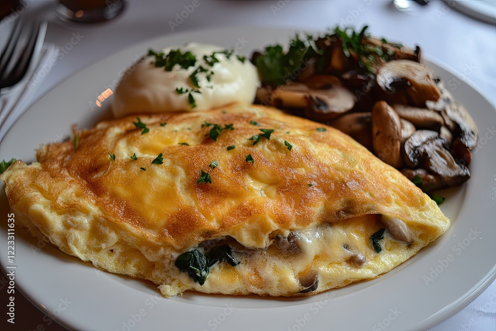 A fluffy omelette filled with cheese, mushrooms, and spinach on a white plate A fluffy omelette filled with cheese, mushrooms, and spinach on a white plate