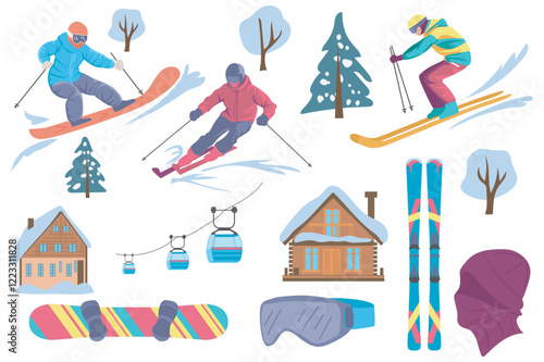 Ski resort equipment set in flat graphic design. Collection elements of skis, snowboard, cable car, glasses mask, village houses, forest trees, extreme sports characters, other. Vector illustration.