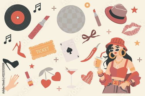 Stylish woman stickers set in flat graphic design. Collection elements of glamour model, vinyl, disk, red lipstick, disco ball, hat, lips kiss, heels shoes, hot pepper, other. Vector illustration.