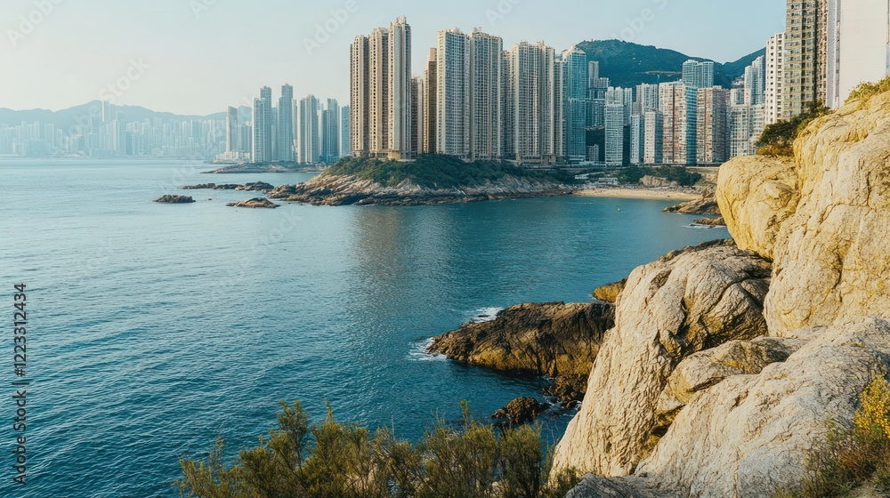 Fototapeta premium Coastal city skyline, high-rise buildings, rocky shore, ocean view.