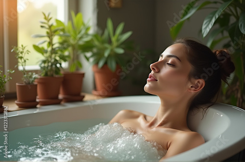 A young woman enjoys a soothing bath, sunshine streaming through a window. Various plants adorn the space, adding a touch of serenity to the experience