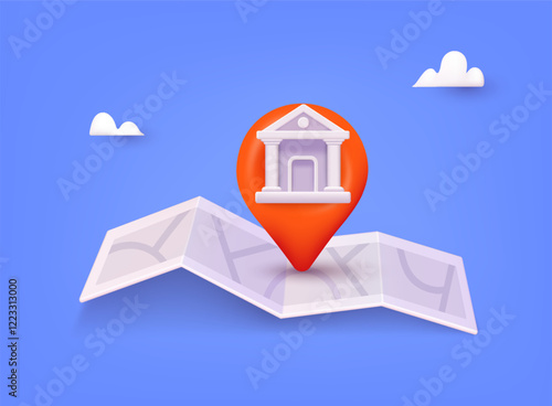 Location folded map and pin with bank icon. Banking app isolated cartoon vector illustrations set. 3D Web Vector Illustrations.