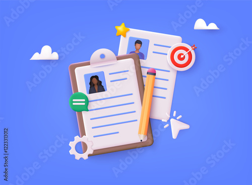 Human resource management and hiring concept. Job interview, recruitment agency vector illustration. 3D Vector Illustrations.