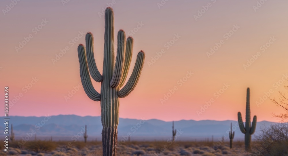 Sunset over the desert with a cactus in the foreground Sunset over the desert with a cactus in the foreground