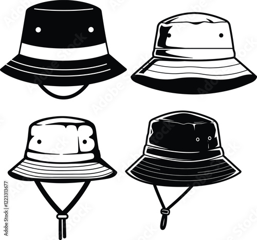 Bucket hat vector illustrations in various styles and details.