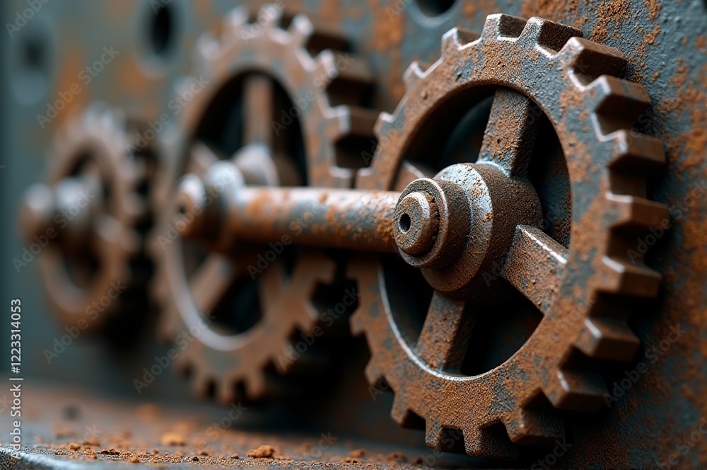 Cogs and gears, covered in rust, create an intricate pattern on an old machinery surface. The fading light captures the beauty of decay, revealing stories of industrious days long gone Cogs and gears, covered in rust, create an intricate pattern on an old machinery surface. The fading light captures the beauty of decay, revealing stories of industrious days long gone
