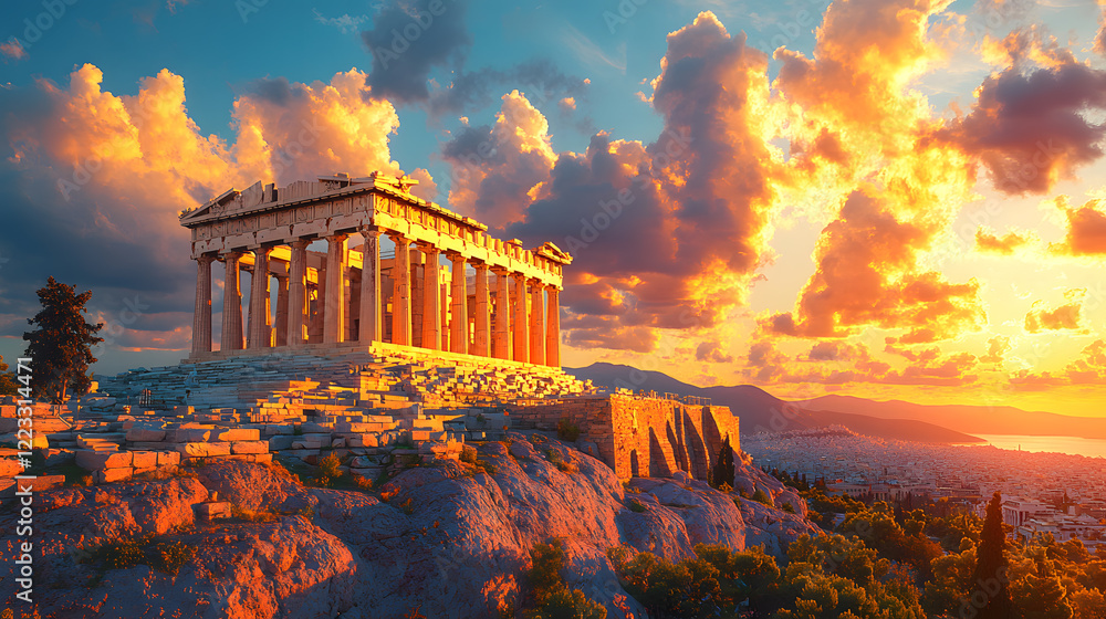 Obraz premium A detailed photography showcasing the grandeur of the Parthenon on the Acropolis of Athens, bathed in the soft golden light of a setting sun.