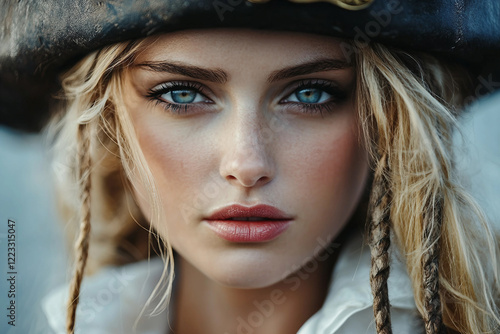 An attractive woman in a pirate costume and hat, ai generative image photo