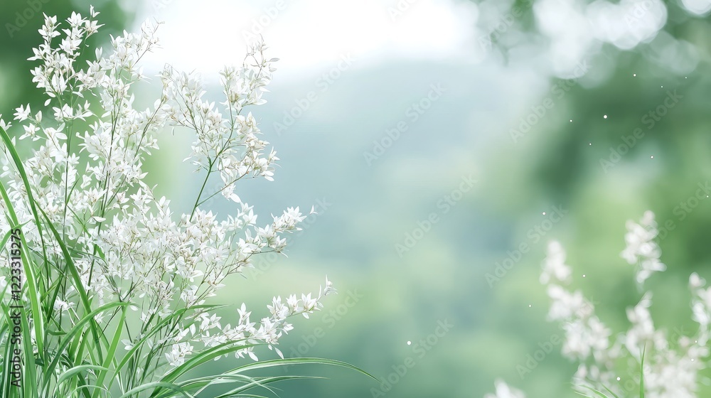 White flowers blooming, green hills background, peaceful nature scene, perfect for spring or summer themes