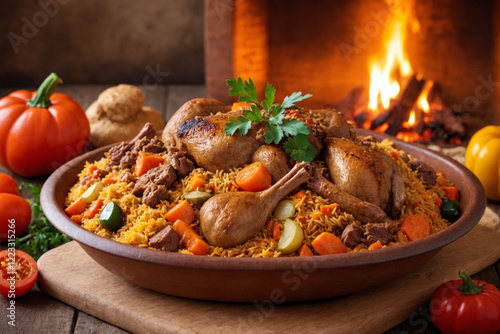 Festive dish of plov or pilaf on a wooden table. A plate of rice, vegetables, spices and meat lamb or beef. Traditional Arabic holiday food. Halal meat food for Ramadan, Kareem, Eid celebrations.	
 photo