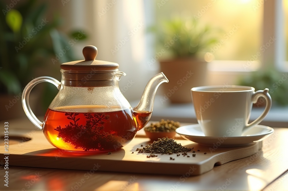 A teapot filled with rich, amber tea sits on a wooden board, surrounded by fragrant herbs. Soft sunlight casts a warm glow, inviting a cozy moment with a fine porcelain cup ready for the brew A teapot filled with rich, amber tea sits on a wooden board, surrounded by fragrant herbs. Soft sunlight casts a warm glow, inviting a cozy moment with a fine porcelain cup ready for the brew
