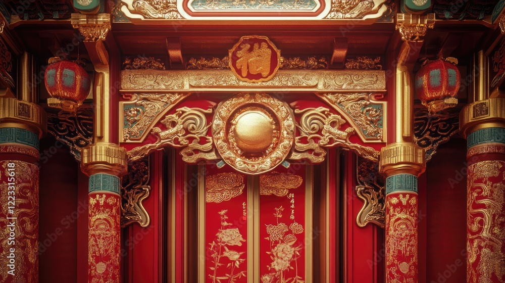 Obraz premium Red and gold decorations adorning a doorway, with intricate patterns and traditional motifs to celebrate the New Year