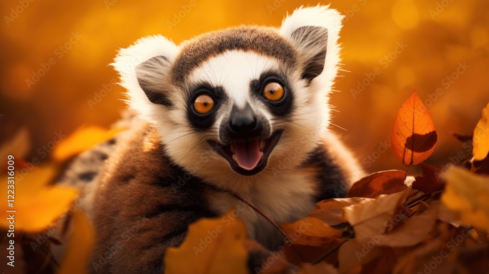 Naklejka premium Lemur expresses happiness amidst fall foliage