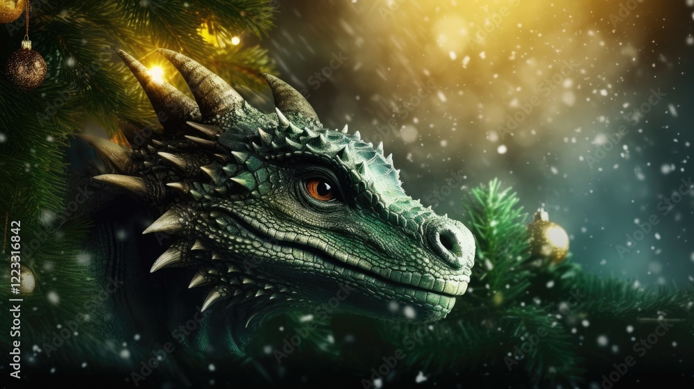 Magical dragon among beautiful holiday decorations Magical dragon among beautiful holiday decorations