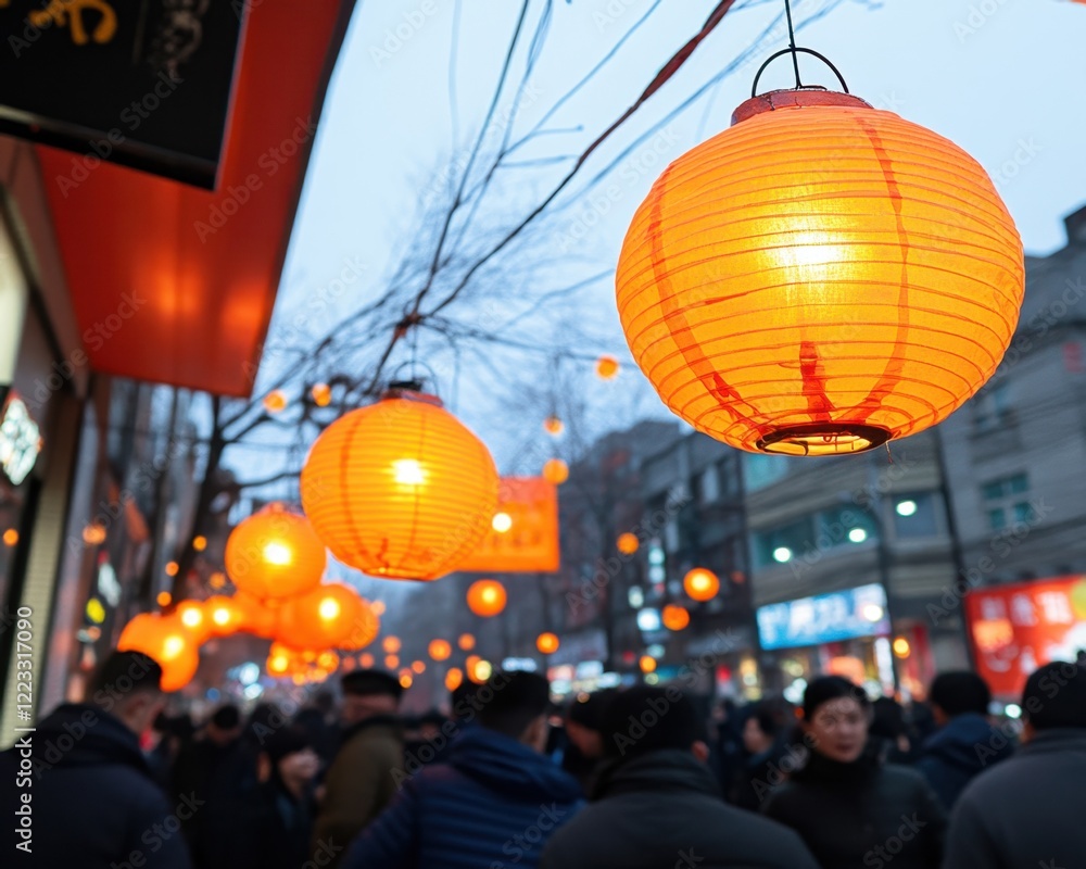 Fototapeta premium Brightly Lit Street with Orange Lanterns and Crowded Atmosphere