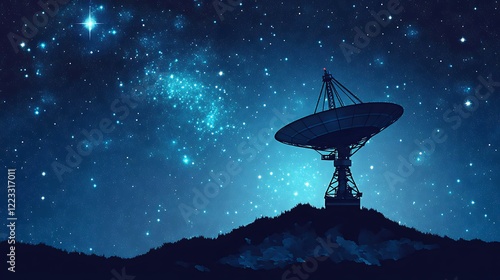 A large radio telescope silhouetted against the network