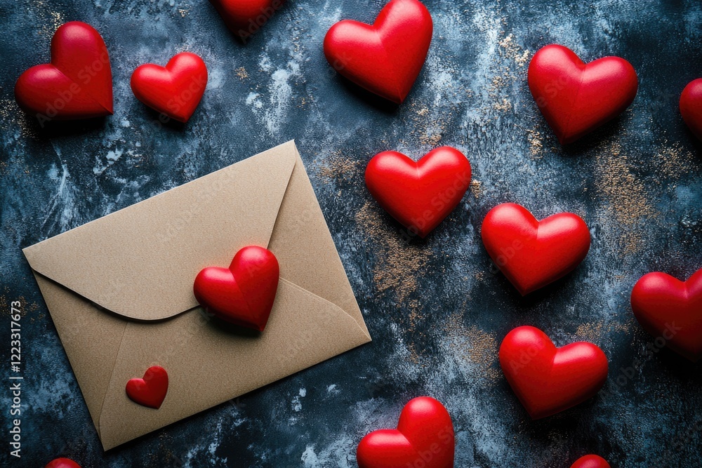 Fototapeta premium A brown envelope surrounded by red hearts, perfect for romantic or love-themed projects