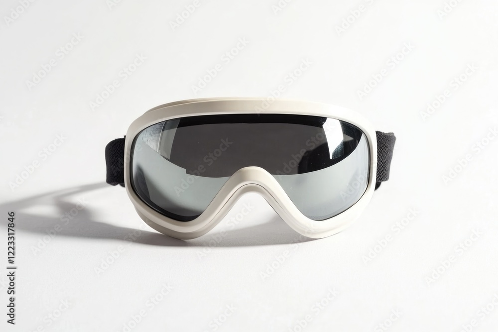A pair of ski goggles sits on a white surface, ready for use A pair of ski goggles sits on a white surface, ready for use