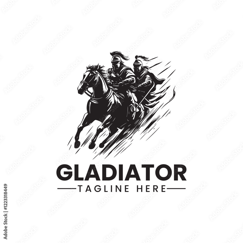 Fototapeta premium gladiator warrior soldier portrait helmet and armor emblem logo black silhouette vector