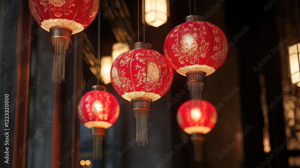 Beautiful red Chinese lanterns with delicate gold patterns hanging from the ceiling, ready for Chinese New Year festivities Beautiful red Chinese lanterns with delicate gold patterns hanging from the ceiling, ready for Chinese New Year festivities