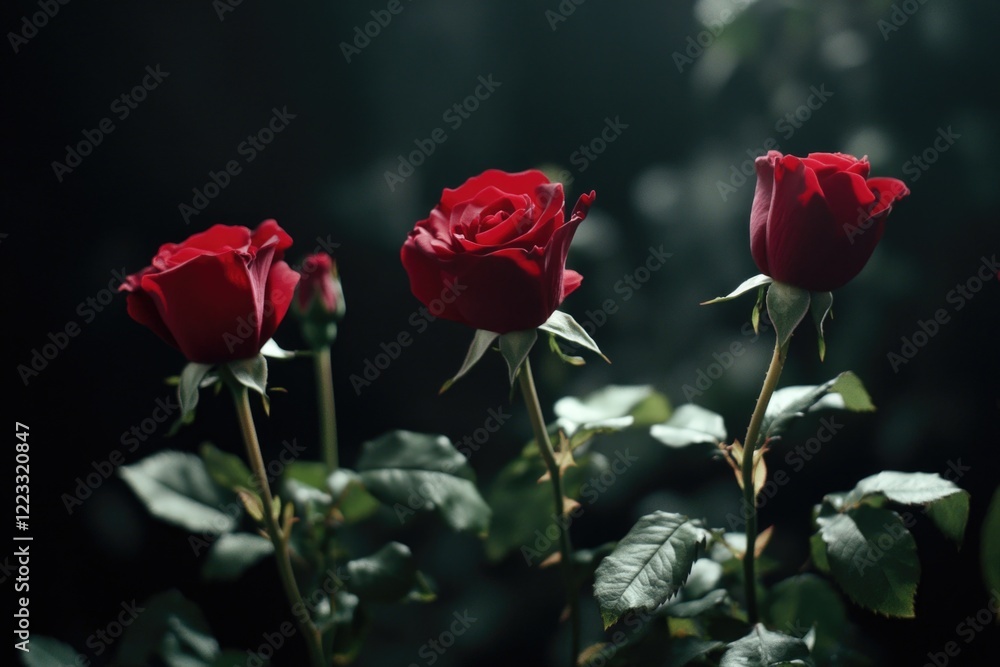 Fototapeta premium A group of red roses situated on a lush green field, perfect for landscape or still life photography