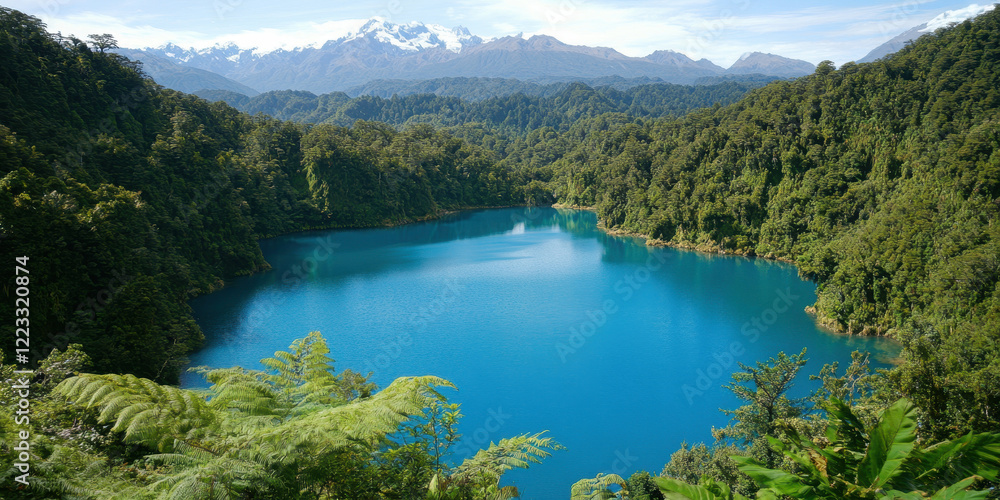 Obraz premium high angle view of serene alpine lake surrounded by lush greenery, showcasing vibrant blue water and majestic mountains