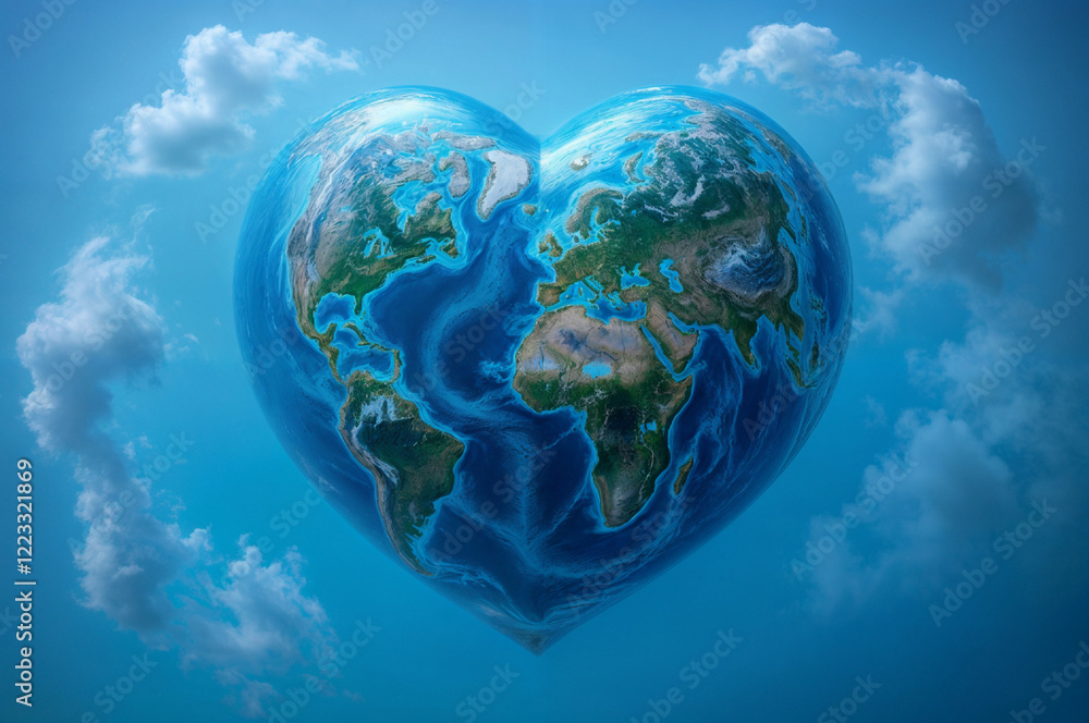 Naklejka premium Heart-shaped Earth globe in realistic style in blue colors representing love for the planet against a sky background with copy space