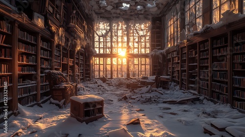 Sunlit abandoned library in winter, covered in snow, showing destruction and decay.