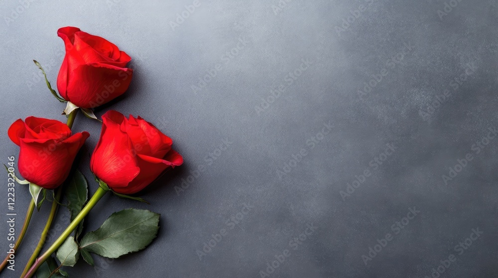 Fototapeta premium Three Red Roses On A Textured Gray Background