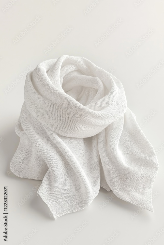 A single white scarf lying flat on a table surface A single white scarf lying flat on a table surface