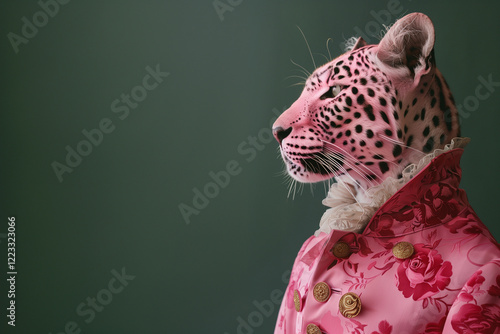 
A portrait of a pink leopard wearing a pink blazer with buttons, styled in rococo fashion, exudes elegance against a simple pink background, merging charm with sophistication. photo