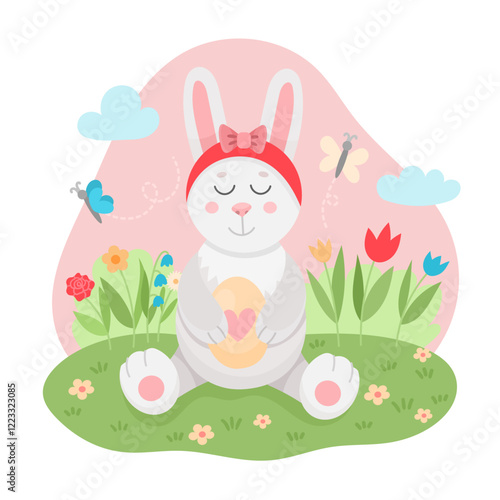 Cute spring illustration with easter animal baby cute rabbit holding egg in paws on lawn with flowers. Spring or easter illustration, vector
