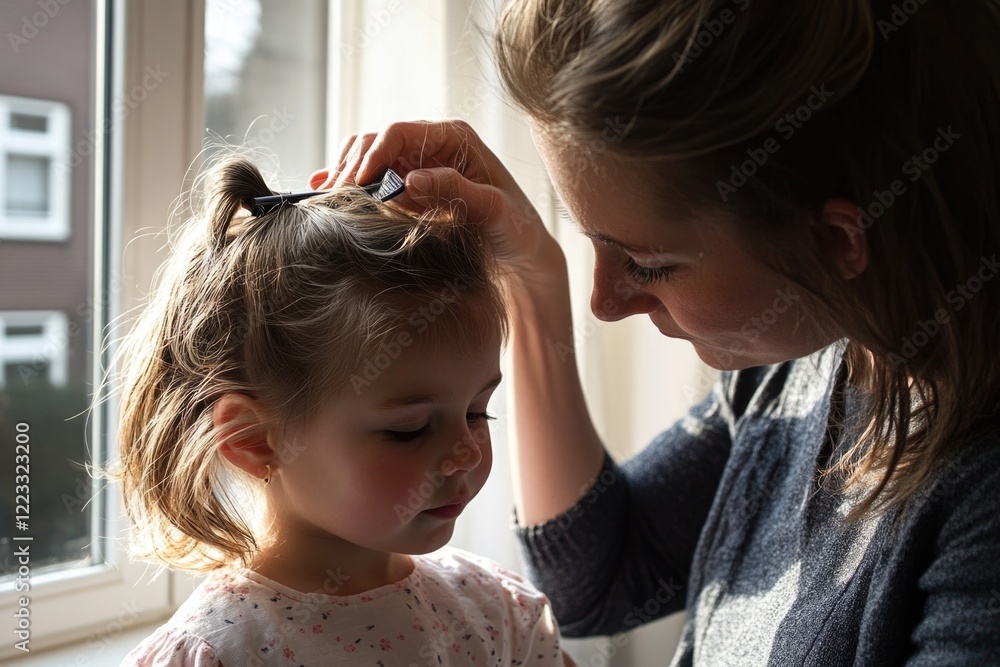 Fototapeta premium A tender moment between a mother and daughter, with a window in the background