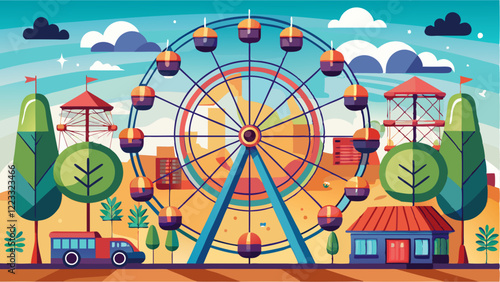 Colorful illustration of a Ferris wheel in a park surrounded by trees, a small building, and a bus under a bright, clear sky with clouds
