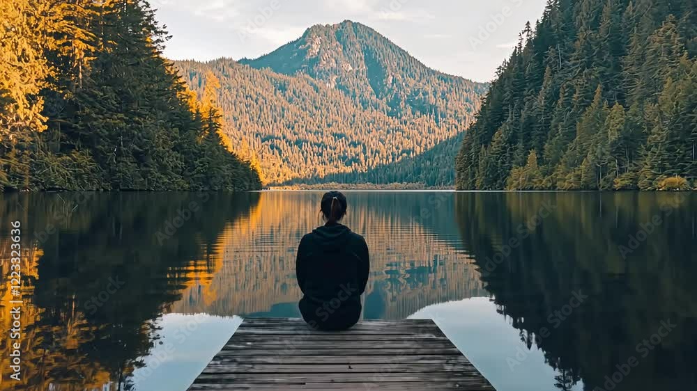 Person sitting on a dock facing a serene lake and mountains
Person sitting on a dock facing a serene lake and mountains