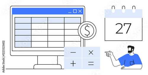 Computer displaying a spreadsheet, dollar sign, basic calculator, calendar date 27, and man pointing. Ideal for accounting, budgeting, finance, data management payroll scheduling planning