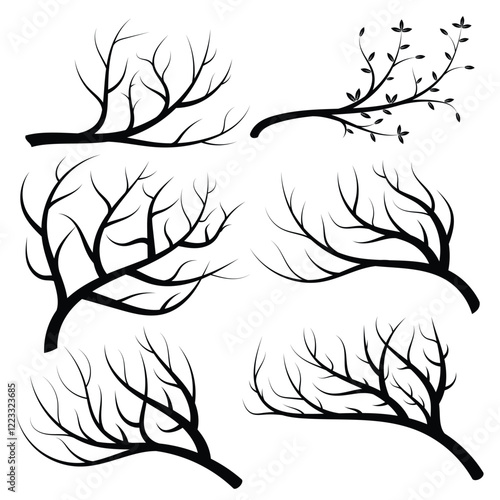 Set of Bare Tree Branches and Twigs Silhouette Illustration for Design Elements