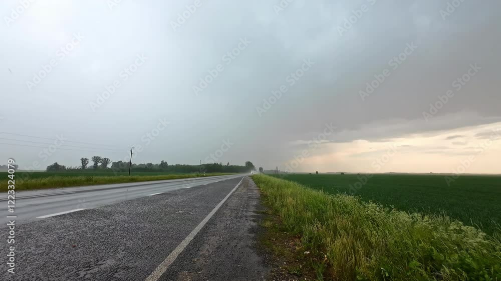 Time lapse of car vehicles transport driving speeding down highway motorway roadside in rainy wet weather storm overcast clouds in country rural town farmland landscape outdoors