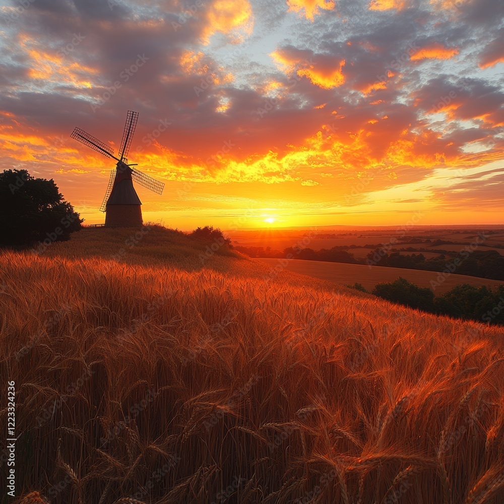 Obraz premium Solitude Amidst Nature: Serene Windmill Overlooking Golden Wheat Field on Hilltop