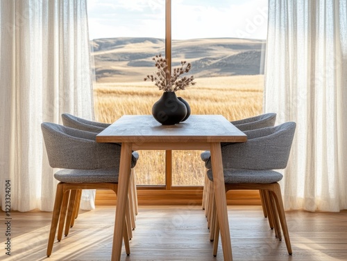 A wooden dining table with four chairs around it. A vase with flowers on it sits on the table