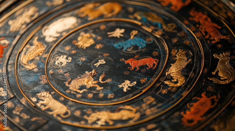Obraz premium A close-up of a traditional Chinese Zodiac chart with all 12 animals and their respective years, set for the New Year