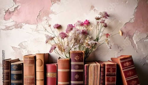 Wallpaper Mural Vintage books and dried flowers lined against an old stucco wall Torontodigital.ca